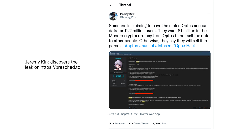 2022 Optus Leak Discovered on Forum and Announced on Twitter